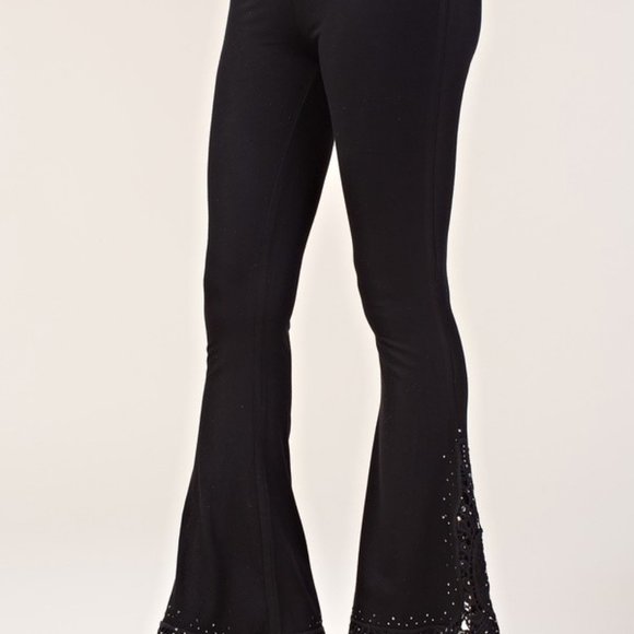 NEW VOCAL BELL BOTTOM bling crochet lace flared pants SM-4X BLK BOHO chic party - Picture 4 of 5